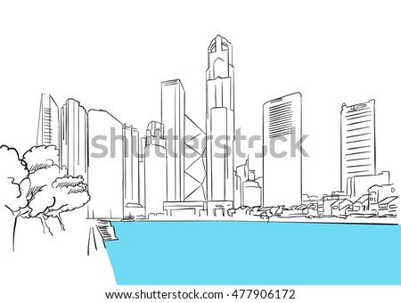 Singapore Downtown, Finance District Plaza, Famous Destination Landmark, Hand drawn Vector Artwork