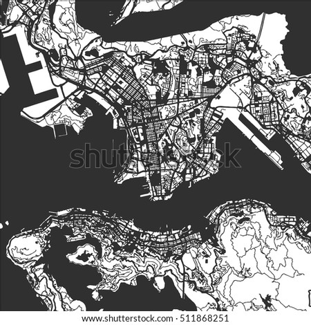 Hong Kong Monochrome Map, Vector Outline Version, ready for color change, Artprint, Separated On White