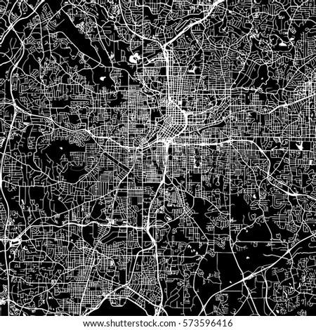 Atlanta Vector Map, Artprint. Black Landmass, White Water and Roads.