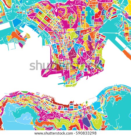  Hong Kong Colorful Map, printable outline Version, ready for color change, Artprint, Separated On White