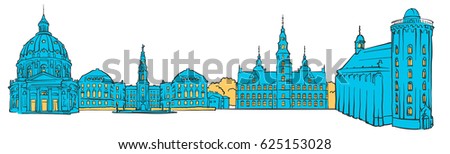 Copenhagen Denmark Colored Panorama, Filled with Blue Shape and Yellow Highlights. Scalable Urban Cityscape Vector Illustration 