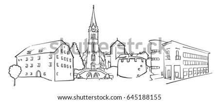 Vaduz Liechtenstein Panorama Sketch, Monochrome Urban Cityscape Vector Artprint