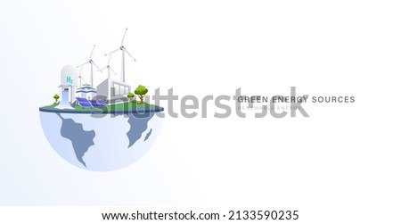 Green energy power plant with many clean source on earth concept vector illustration. Ecology friendly and sustainable development for save the world concept design.