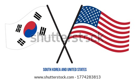 South Korea and United States Flags Crossed And Waving Flat Style. Official Proportion. Correct Colors.