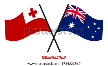 Tonga and Australia Flags Crossed And Waving Flat Style. Official Proportion. Correct Colors.