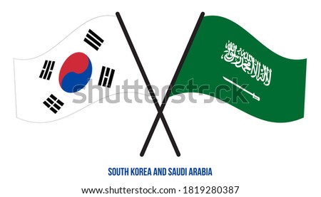 South Korea and Saudi Arabia Flags Crossed And Waving Flat Style. Official Proportion. Correct Colors.