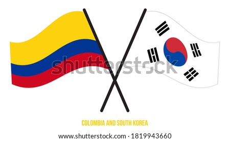 Colombia and South Korea Flags Crossed And Waving Flat Style. Official Proportion. Correct Colors.