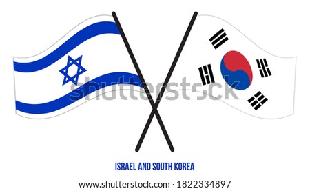 Israel and South Korea Flags Crossed And Waving Flat Style. Official Proportion. Correct Colors.