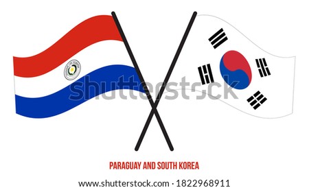 Paraguay and South Korea Flags Crossed And Waving Flat Style. Official Proportion. Correct Colors.