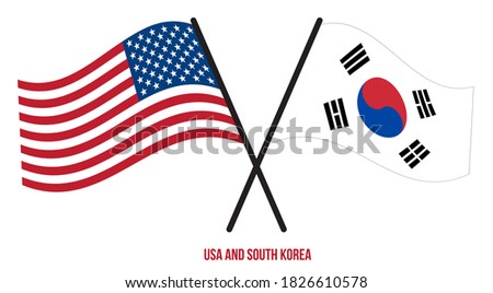 USA and South Korea Flags Crossed And Waving Flat Style. Official Proportion. Correct Colors.