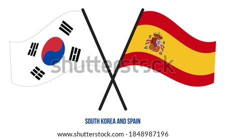 South Korea and Spain Flags Crossed And Waving Flat Style. Official Proportion. Correct Colors.
