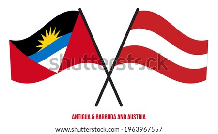 Antigua and Barbuda and Austria Flags Crossed  Waving Flat Style. Official Proportion. Correct Colors.