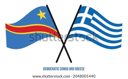 Democratic Congo and Greece Flags Crossed  Waving Flat Style. Official Proportion. Correct Colors.