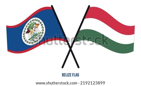 Belize and Hungary Flags Crossed And Waving Flat Style. Official Proportion. Correct Colors.