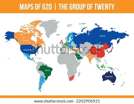 G20 Maps. Group of Twenty. Intergovernmental forum. International Association of Government Econimic  Financial. Isolated Vector Maps Set