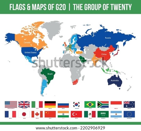 G20 Flags  Maps. Group of Twenty. Intergovernmental forum. International Association of Government Econimic  Financial. Isolated Vector Flags  Maps Set