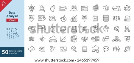 Data Analysis Icons Set. Pictograms Database Statistics Analytics Server Infographic Monitoring Computing and Network UI UX Icons. Editable Stroke Vector Illustration