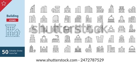 Buildings Line Editable Stroke Icons Set. Real Estate, House, Home, Apartment, Hospital, Hotel, Cityscape, Downtown, Museum, Mosque, Church, Pagoda. Architecture Buildings Icons Vector Illustration