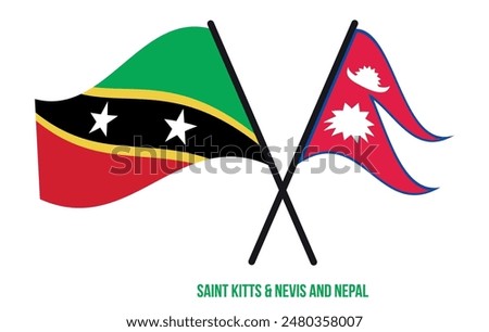 Saint Kitts  Nevis and Nepal Flags Crossed And Waving Flat Style. Official Proportion.