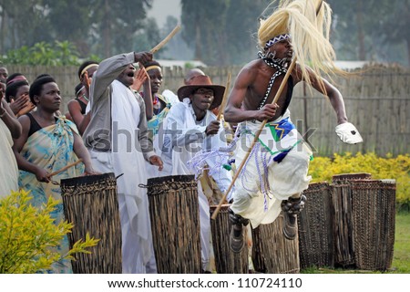 MUSANZE, RWANDA - JUNE 16: Tribal Dancers of the Batwa Tribe Perform Traditional Intore Dance to Celebrate the Birth of an Endangered Mountain Gorilla on June 16, 2012 in Musanze, Rwanda.