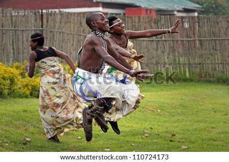 MUSANZE, RWANDA - JUNE 16: Tribal Dancers of the Batwa Tribe Perform Traditional Intore Dance to Celebrate the Birth of an Endangered Mountain Gorilla on June 16, 2012 in Musanze, Rwanda.