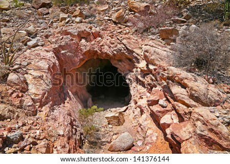 An abandoned gold mine in the Sonoran Desert. This is the Tinajas Altas Mountains in Arizona. Abandoned mines are common in Arizona from when prospecting was big business.