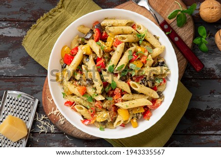 Similar – Image, Stock Photo Tasty salad on wooden stand served on decorated table outside