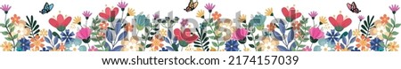 Horizontal floral background decorated with multicolored blooming flowers and leaves. Spring botanical flat vector illustration isolated on white background