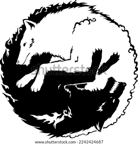 Illustration of yin yang wolf. Portrait of black and white dogs of yin yang. Vector illustration tattoo.
