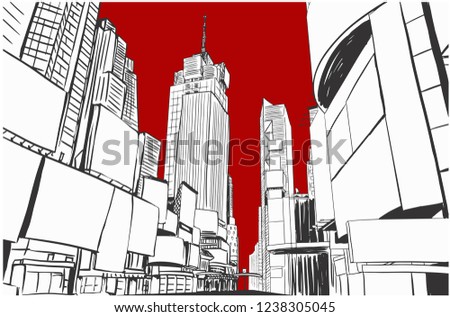 City hand drawn vector illustration. New York city Times square. Blank billboard in city.