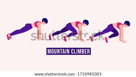 Girl doing MOUNTAIN CLIMBER exercise, Woman workout fitness, aerobic and exercises. Vector Illustration.