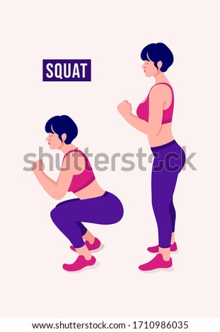 Girl doing SQUAT exercise, Woman workout fitness, aerobic and exercises. Vector Illustration.