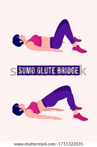 Girl doing Sumo Glute Bridge exercise, Woman workout fitness, aerobic and exercises. Vector Illustration.