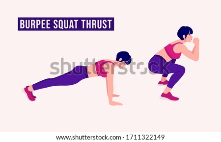 Girl doing Burpee Squat Thrust exercise, Woman workout fitness, aerobic and exercises. Vector Illustration.