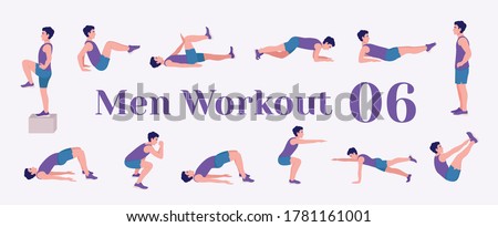 Workout men set. Men doing fitness and yoga exercises. Lunges, Pushups, Squats, Dumbbell rows, Burpees, Side planks, Situps, Glute bridge, Leg Raise, 
Russian Twist, Side Crunch, Mountain Climbers.etc