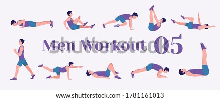 Workout men set. Men doing fitness and yoga exercises. Lunges, Pushups, Squats, Dumbbell rows, Burpees, Side planks, Situps, Glute bridge, Leg Raise, 
Russian Twist, Side Crunch, Mountain Climbers.etc