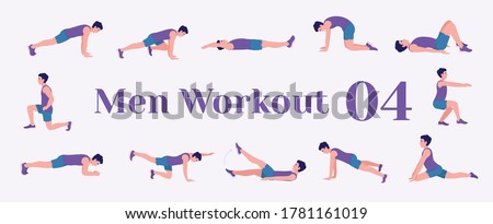 Workout men set. Men doing fitness and yoga exercises. Lunges, Pushups, Squats, Dumbbell rows, Burpees, Side planks, Situps, Glute bridge, Leg Raise, 
Russian Twist, Side Crunch, Mountain Climbers.etc