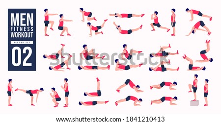 Men Workout Set. Men exercise vector set. Men doing fitness and yoga exercises. Lunges, Pushups, Squats, Dumbbell rows, Burpees, Side planks, Glute bridge, Leg Raise, Russian Twist .etc