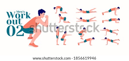 Men Workout Set. Men exercise vector set. Men doing fitness and yoga exercises. Lunges, Pushups, Squats, Dumbbell rows, Burpees, Side planks, Glute bridge, Leg Raise, Russian Twist .etc