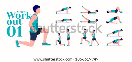 Men Workout Set. Men exercise vector set. Men doing fitness and yoga exercises. Lunges, Pushups, Squats, Dumbbell rows, Burpees, Side planks, Glute bridge, Leg Raise, Russian Twist .etc