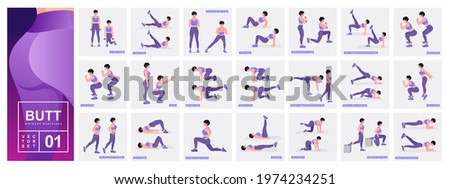 Buttocks fat burning workout Set. Women doing fitness and yoga exercises. Lunges, Pushups, Squats, Dumbbell rows, Burpees, Side planks, Situps, Glute bridge, Leg Raise, Russian Twist, Side Crunch .etc