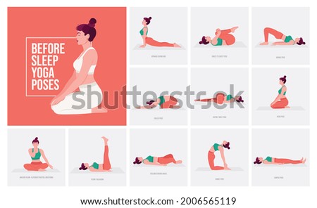 Before Sleep Yoga poses. Young woman practicing Yoga pose. Woman workout fitness, aerobic and exercises. Vector Illustration.	
