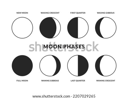 Moon Phases icons set. Lunar calendar. New, Full Moon, Waning Crescent, First and Last Quarter.