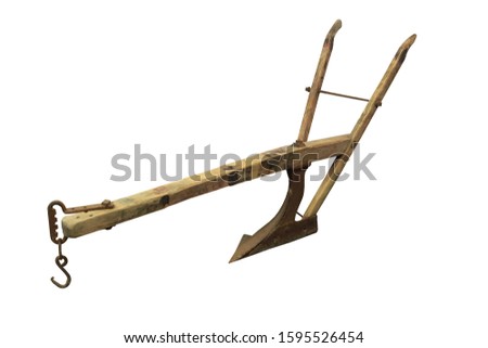 Image of wooden plow for plowing in harness isolated on white background 商業照片 © 