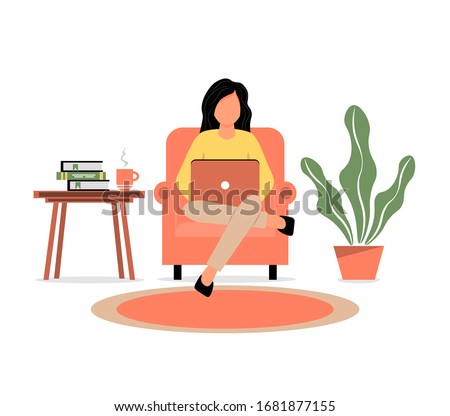 A girl sits in a armchair and works on a laptop. Home Office. Work at home or freelance. A young woman is studying at home. Freelancer lifestyle. Home schooling.  Vector illustration in a flat style.