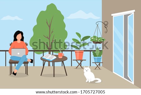 A young woman sits on a balcony among plants. Woman works on
laptop on the balcony. Girl works or studies online. A cozy balcony with a cat, flowers and garden furniture. Cute vector illustration.