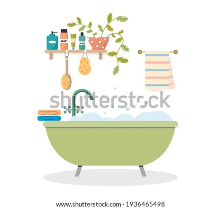 Modern bathroom interior. Foamy bath tub in cozy room. Bathroom shelf with cosmetics and plant. Cozy bathroom with towel, shampoo bottles and washcloth. Flat vector illustration on isolated background