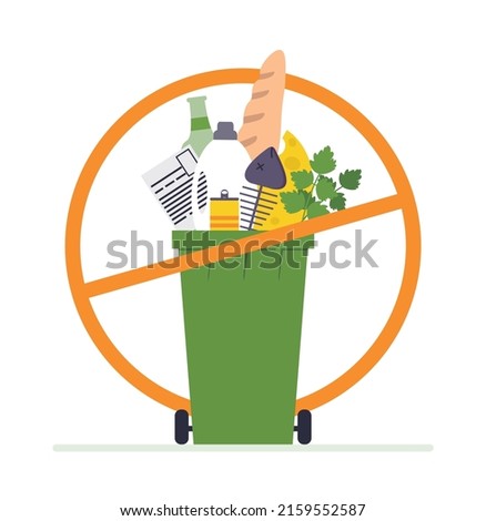 No mixed garbage collection. Garbage container with unsorted trash closeup and stop sign. Trash can and dumpster with heap of mixed rubbish. Unsorted organic, paper, plastic, glass and metal waste. 