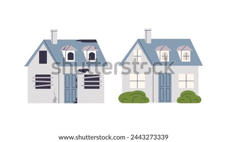 House facade before and after renovation. Old and new home. Front view. Reconstruction of city building. House exterior renovation. Urban cottage. Village dilapidated house. Suburban house. Vector.