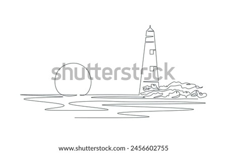 Drawing lighthouse with single continuous line. Sunset on seashore. Rocky shore one line drawing. Ocean shore in one line. Doodle on white isolated background. Simple modern illustration. 